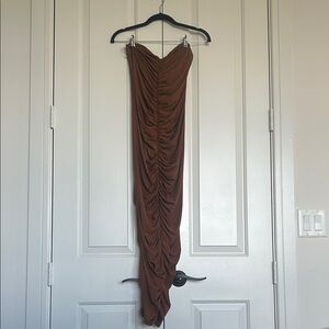 Brown Ruched Strapless Dress